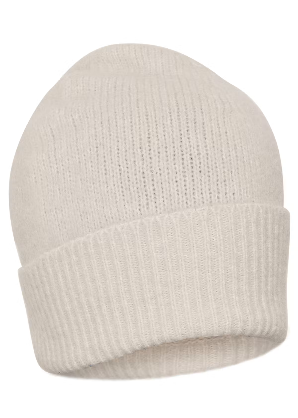 A cream-colored ribbed knit beanie hat, shown from a three-quarter angle against a plain white background.