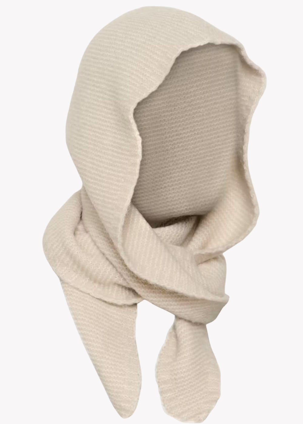 A cream-colored ribbed knit hooded scarf or neck warmer, styled on a plain white background.