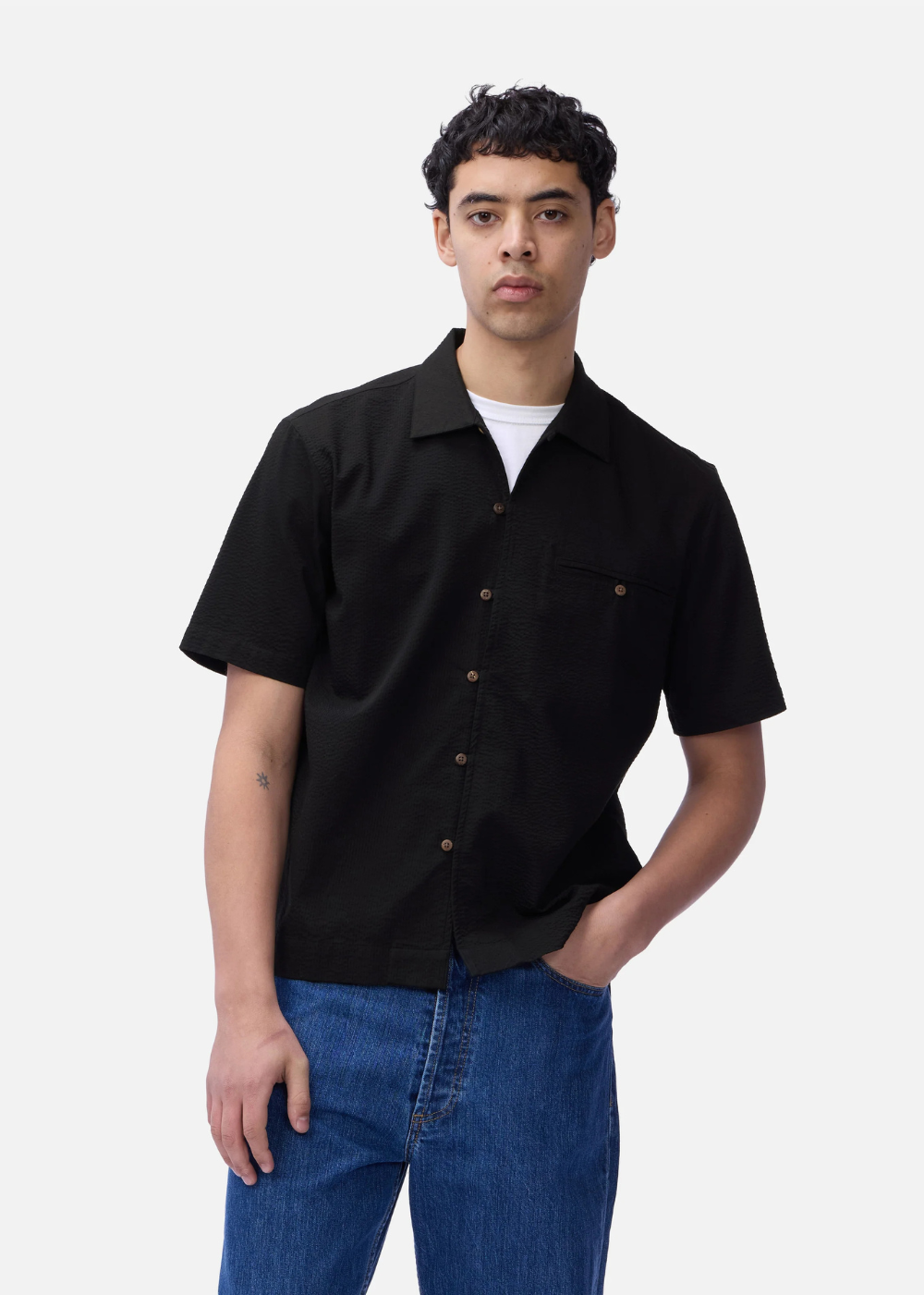 Seersucker Short Sleeve Loop Shirt - Black - 3sixteen Canada - Danali