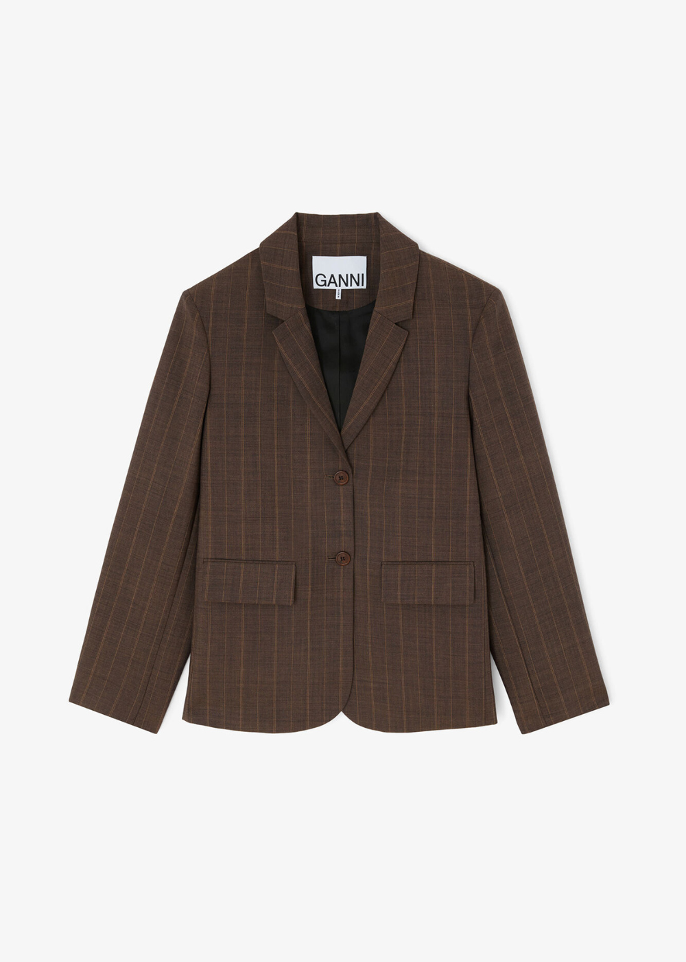 A brown plaid blazer by GANNI, featuring a two-button front, notch lapels, and two front flap pockets, displayed flat against a light gray background.