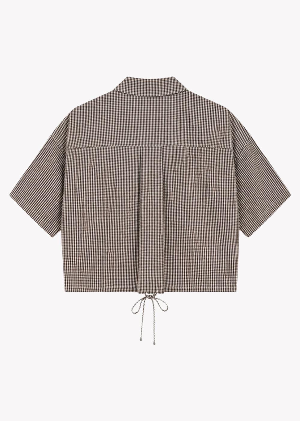 A short-sleeve collared shirt with a brown and beige micro-check pattern, featuring a back tie detail, shown against a plain white background.