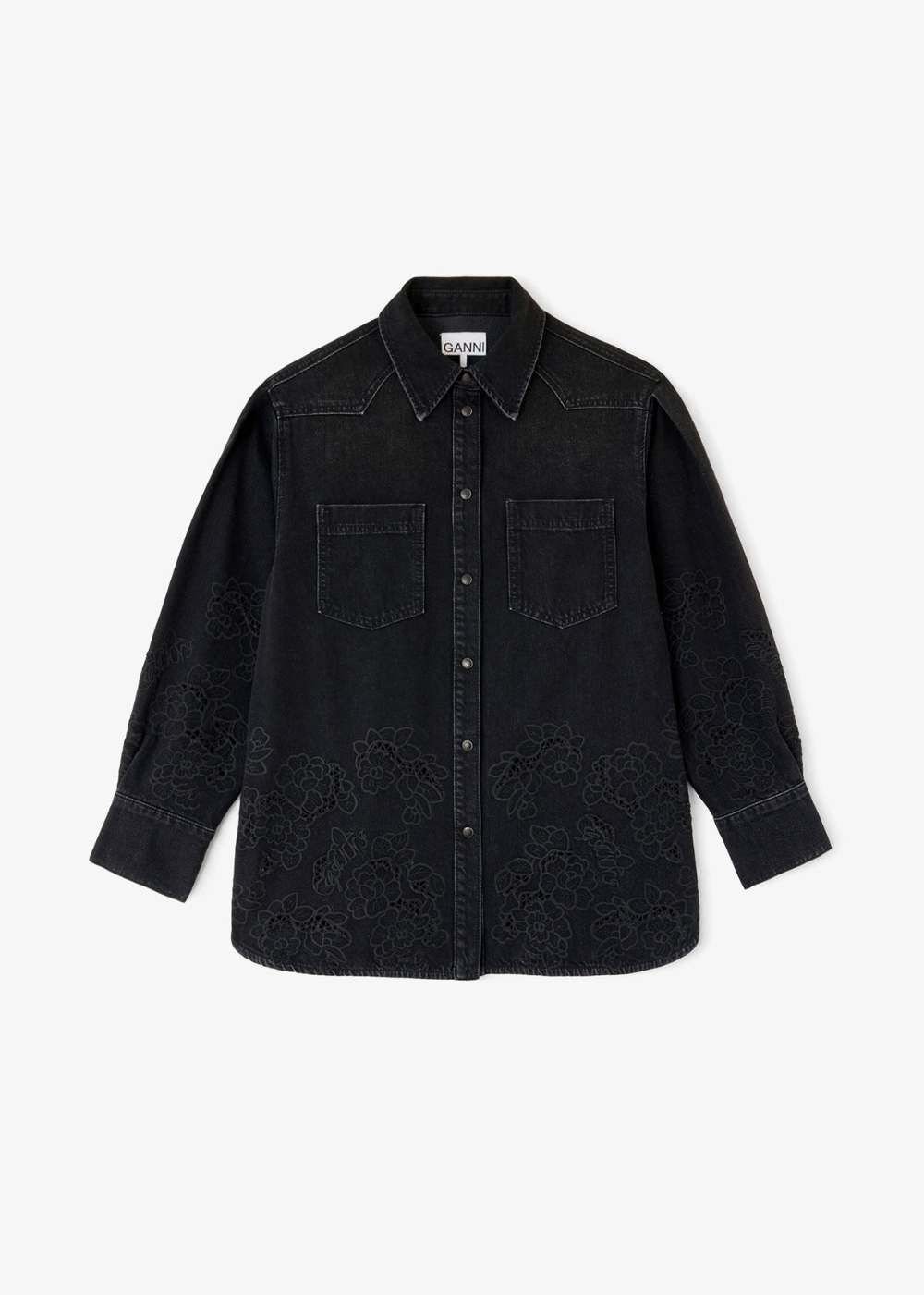 A black long-sleeve button-up shirt with a subtle tonal floral jacquard pattern, featuring two chest pockets and a pointed collar, shown flat on a light gray background.