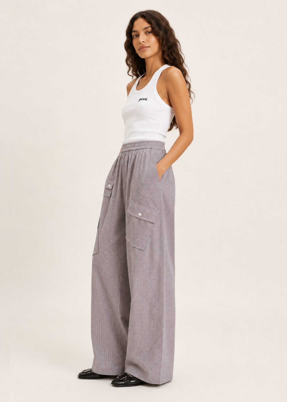 Check Cotton Cargo Pants - Chicory Coffee - GANNI Canada - Danali - A1080143