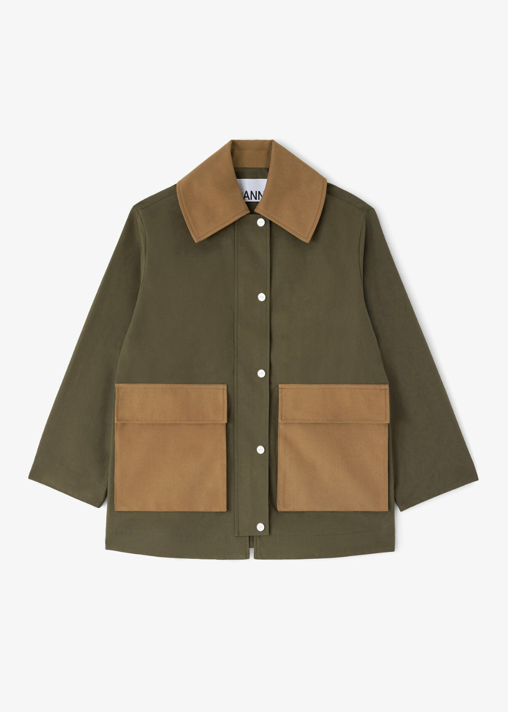An olive green utility jacket with contrasting tan suede-like collar, front buttons, and two large tan patch pockets on the front, displayed flat against a light gray background.