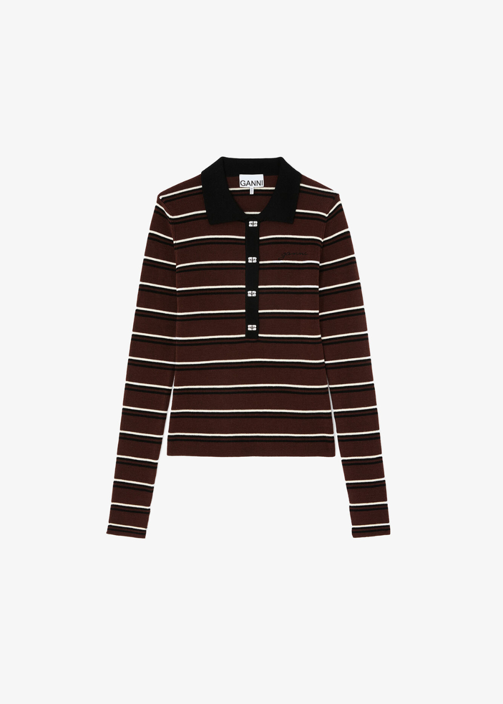 A dark brown and beige horizontally striped long-sleeve knit polo shirt with a black collar and three-button placket, shown flat on a light gray background.