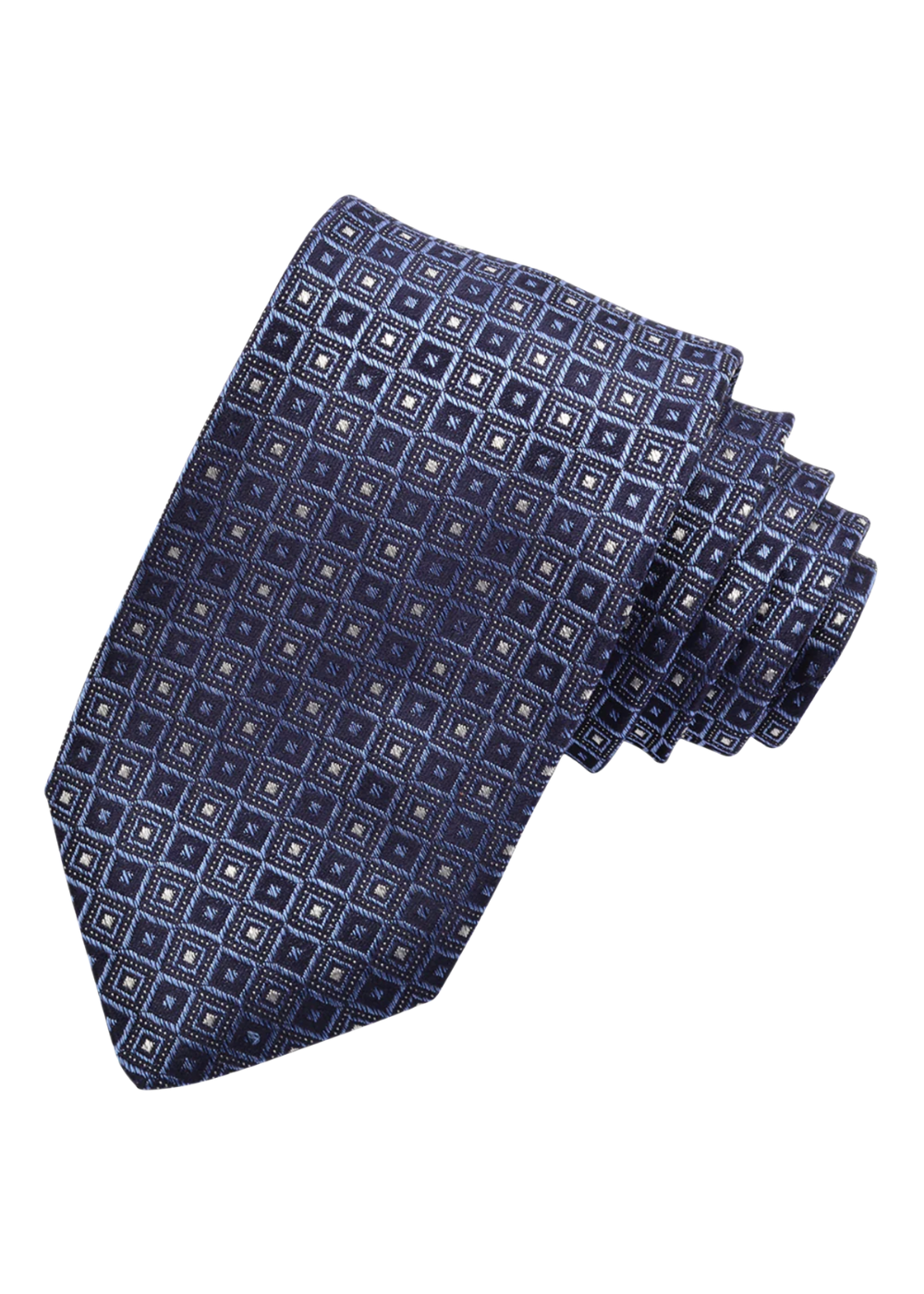 Navy blue tie with geometric pattern on a white background