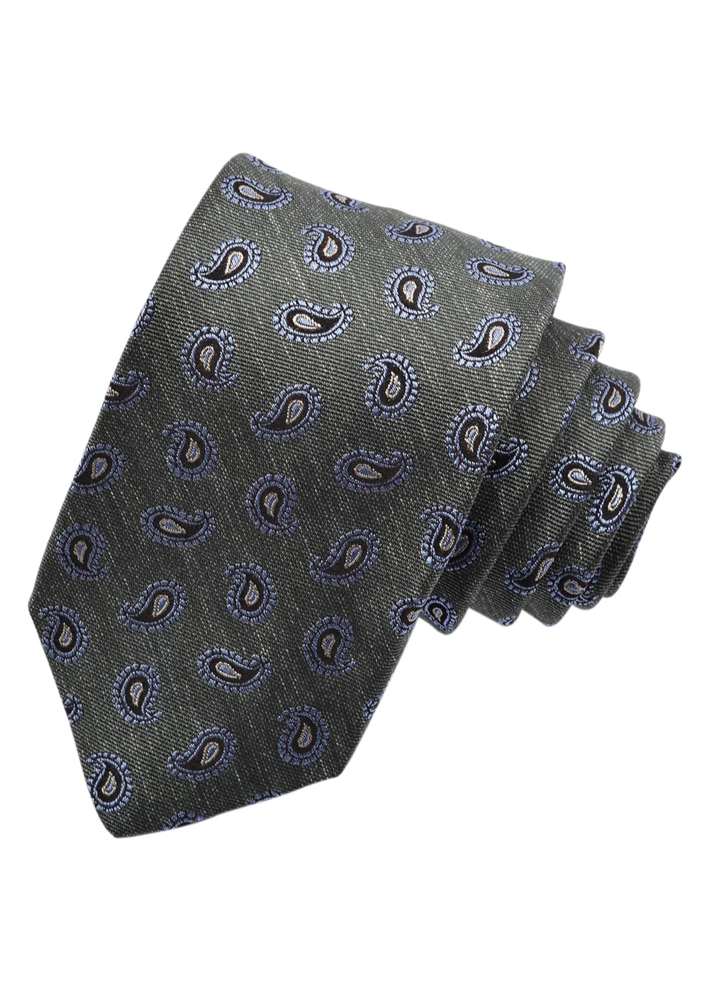 A dark gray silk necktie with a repeating paisley pattern in black, white, and light blue, shown on a plain white background.