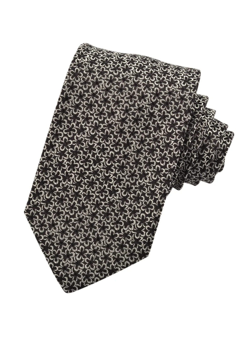 A black and white patterned necktie with a repeating geometric design, folded neatly on a plain white background.