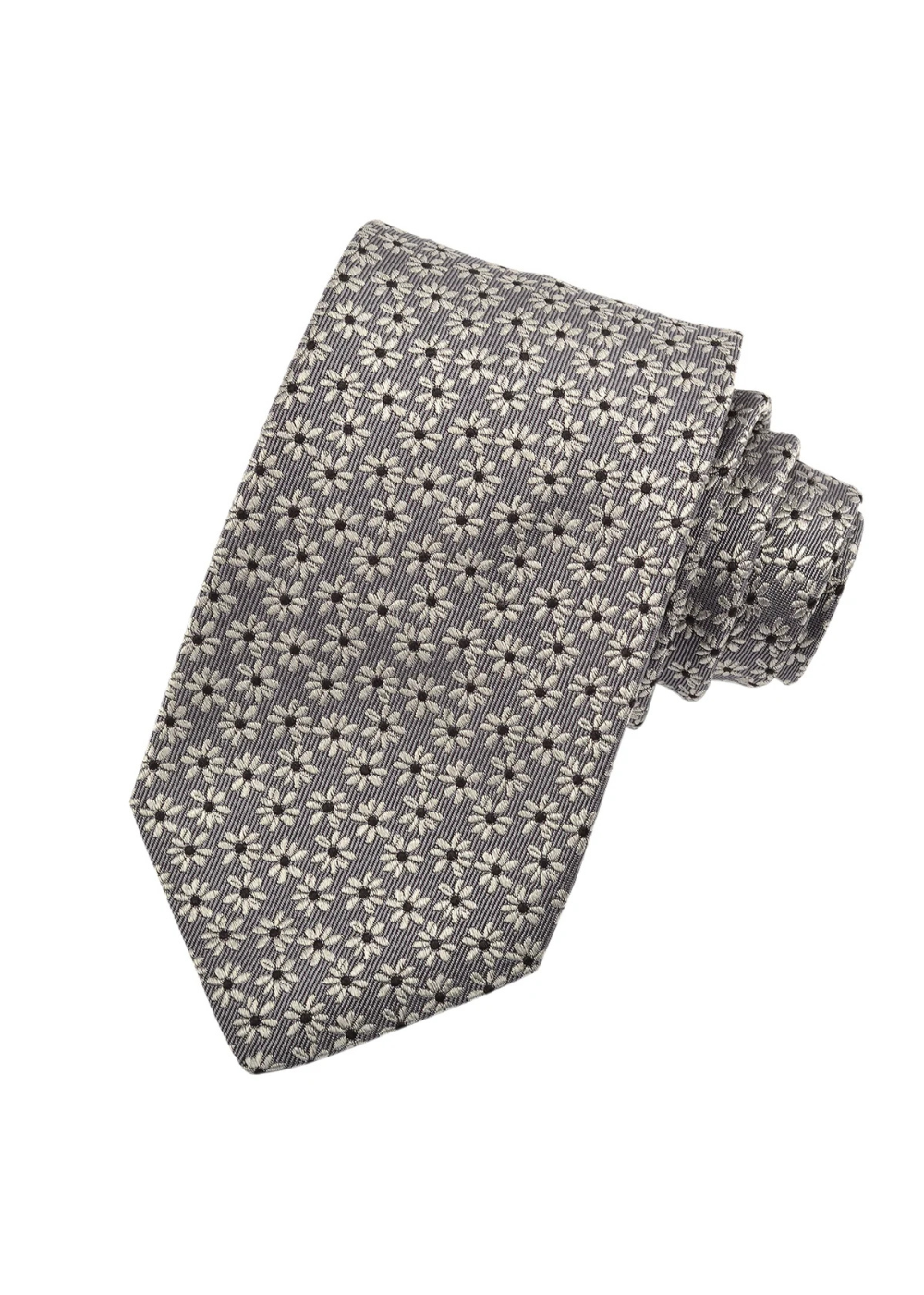A gray necktie with a repeating white and beige floral or starburst pattern, shown on a plain white background.