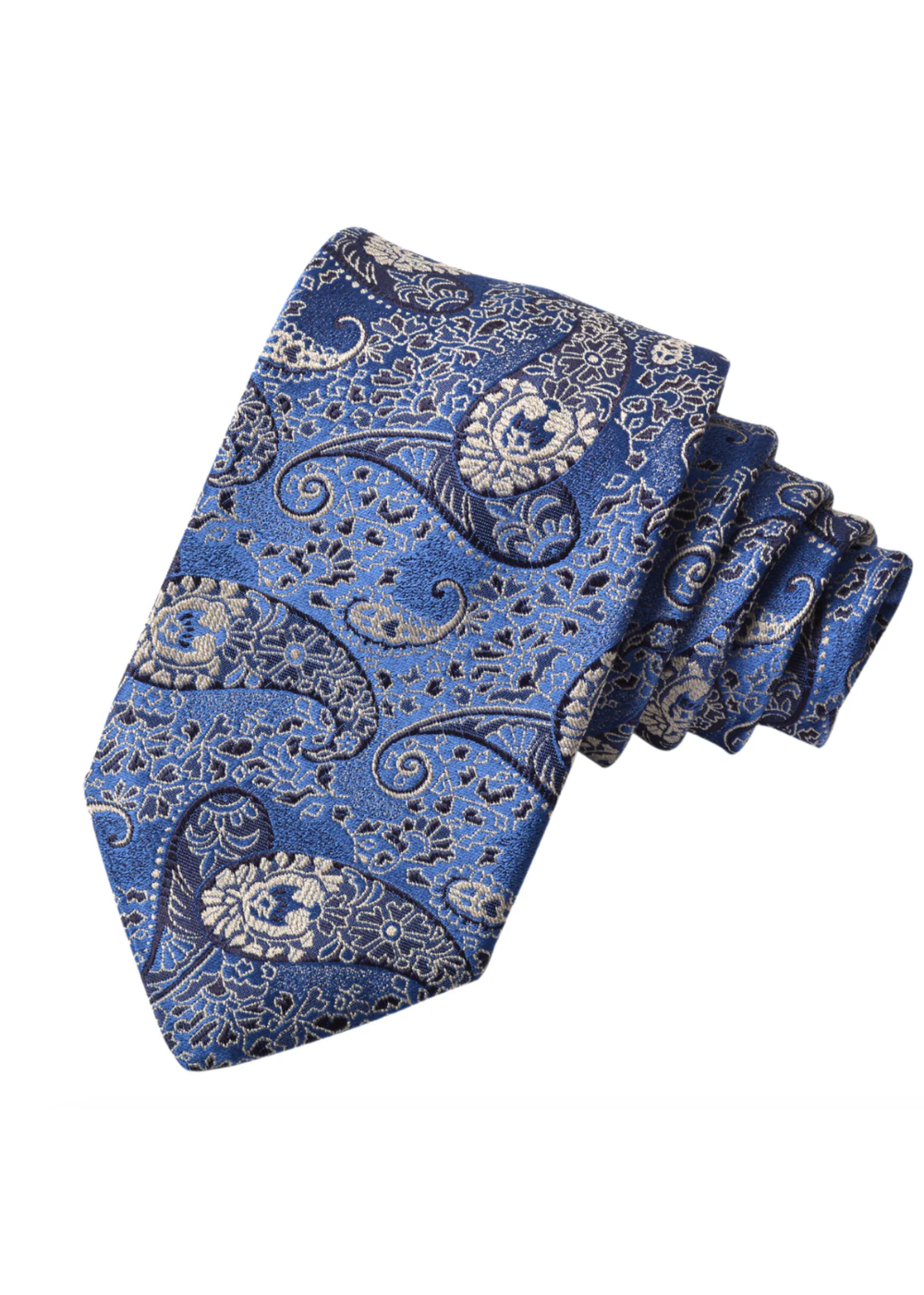 Blue paisley patterned tie on a white background