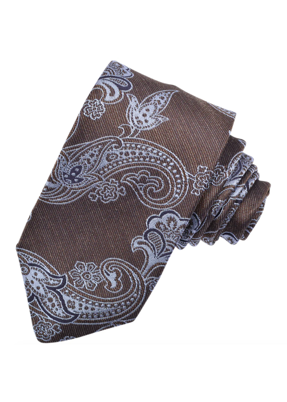 Brown tie with white paisley pattern on a white background