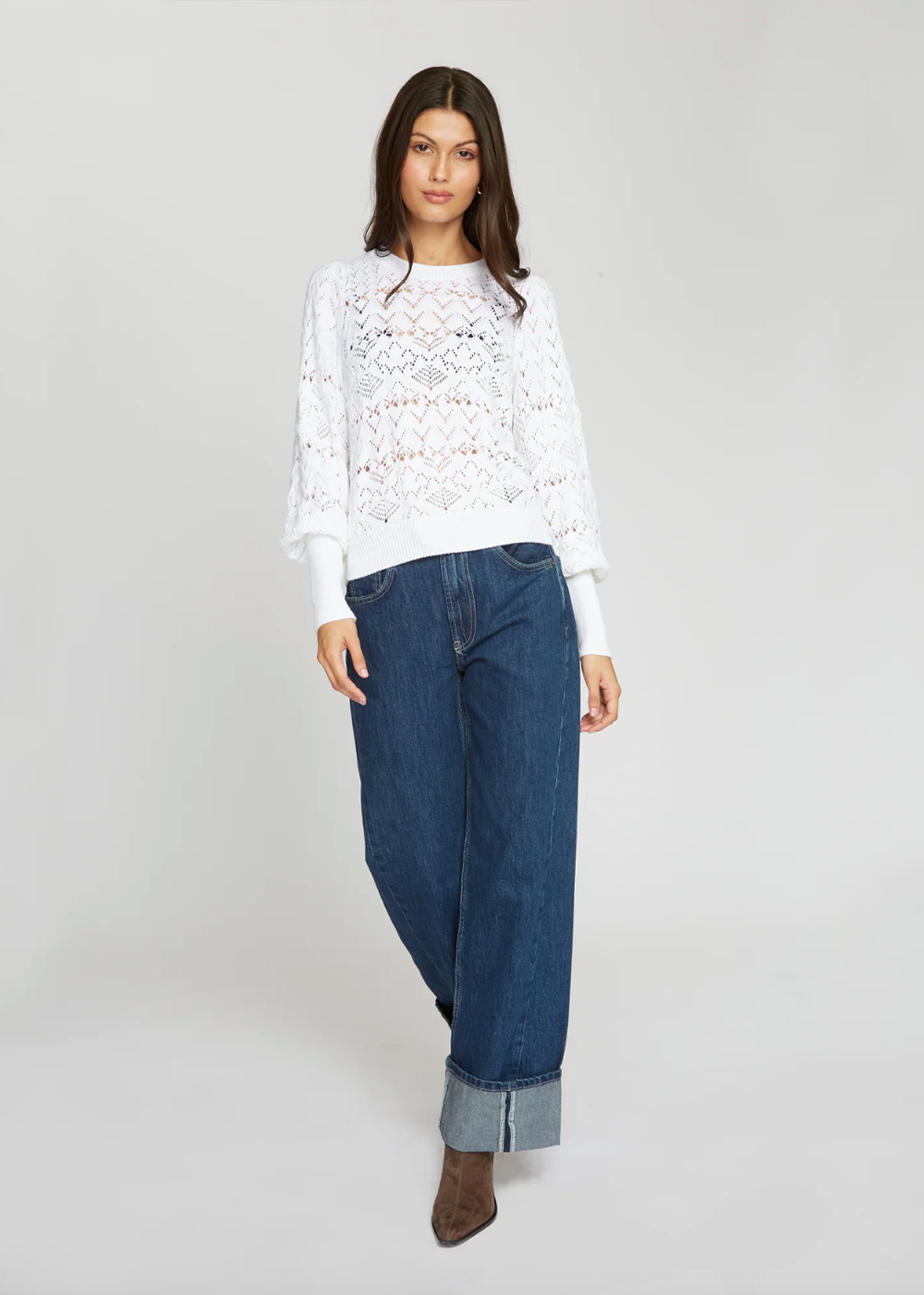 Pointelle Juliette Sleeve Cotton Crew - Bleach White - Autumn Cashmere Canada - Danali