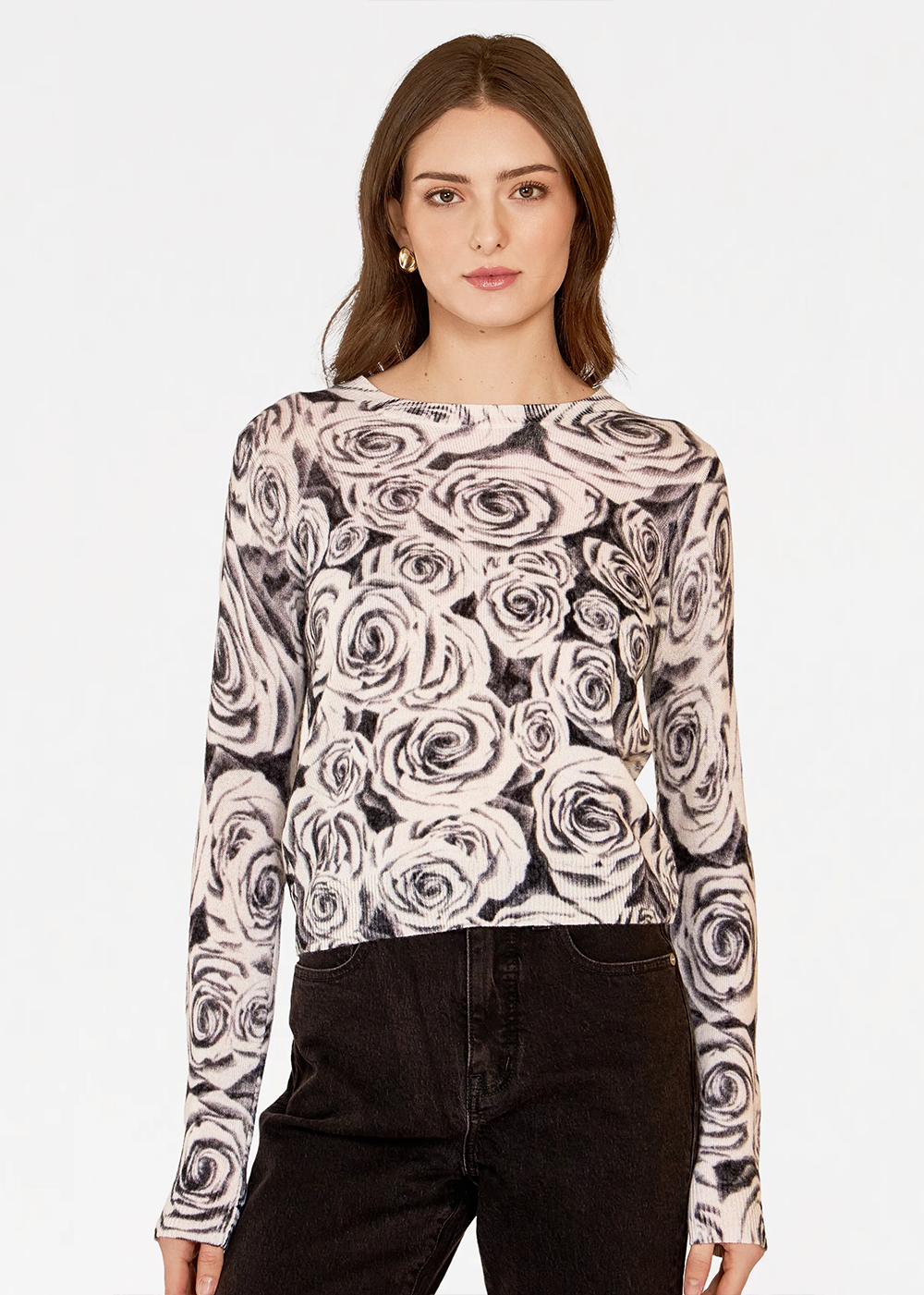 Rose Print Cashmere Crewneck Sweater - Black & White - Autumn Cashmere Canada - Danali