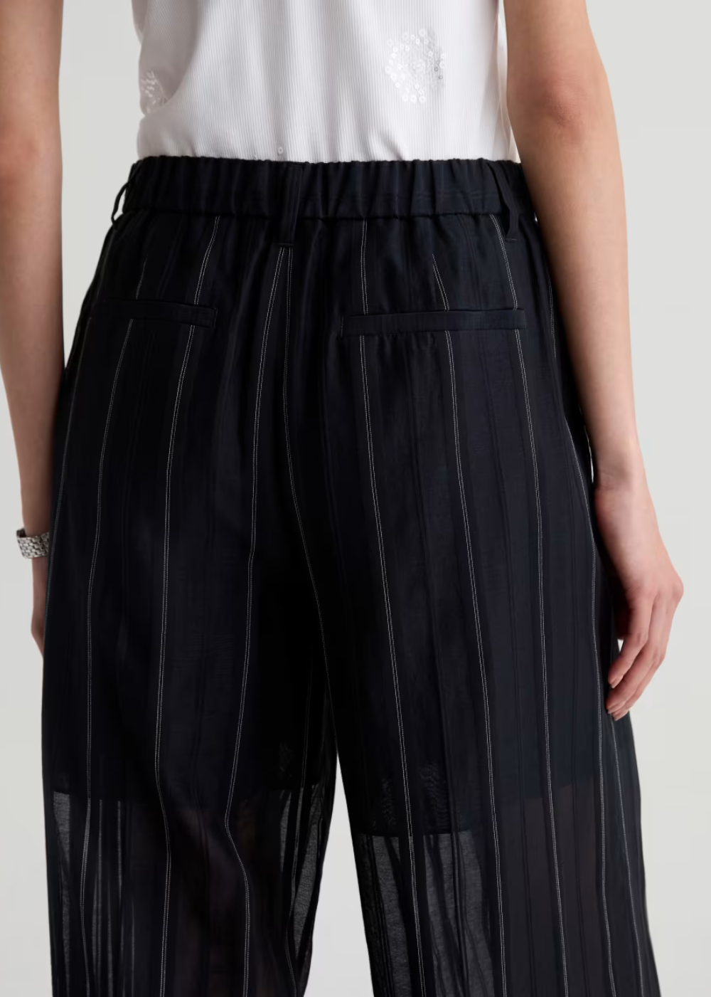 Close-up of a model wearing black wide-leg trousers with thin vertical pinstripes, a smocked elastic waistband, and sheer mesh paneling at the lower legs, paired with a white top.