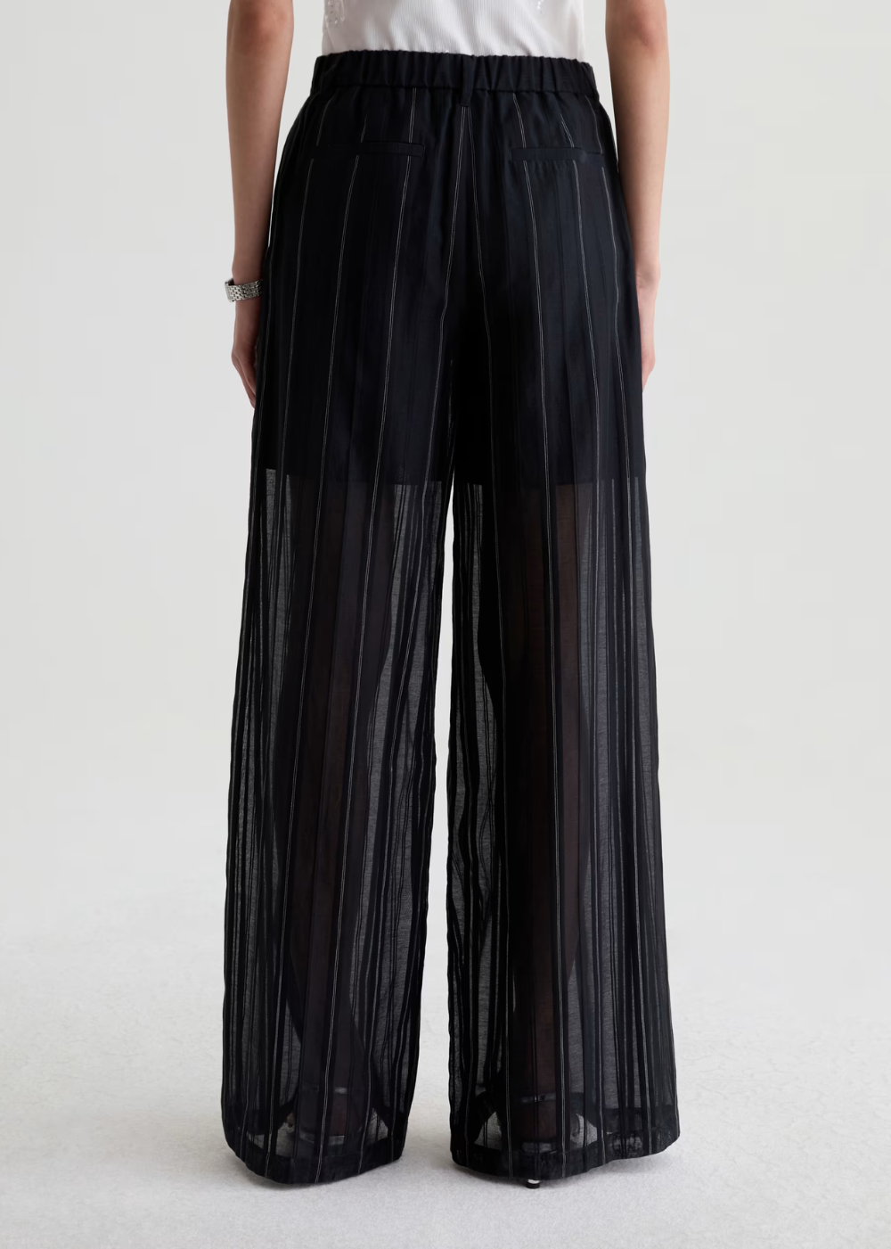 Black pleated wide-leg trousers with a sheer mesh overlay and elastic waistband, shown on a model from the back against a light gray studio background.