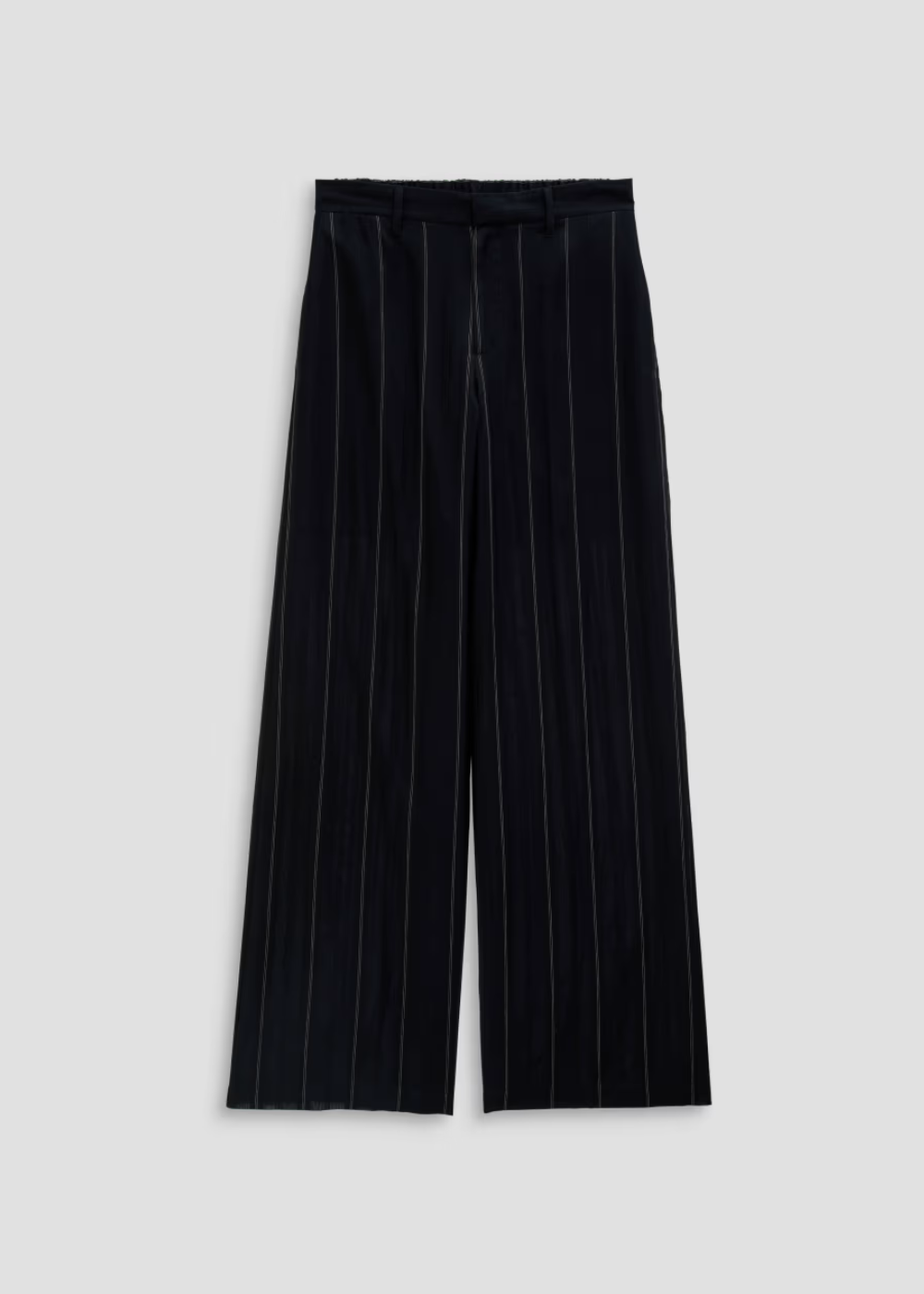Black wide-leg trousers with thin vertical white pinstripes, shown flat against a light gray background.