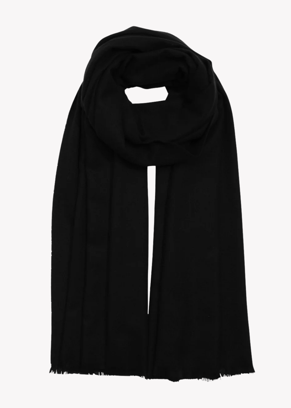 A solid black scarf with a fringed hem, draped in a loop to show its shape and texture, set against a plain white background.