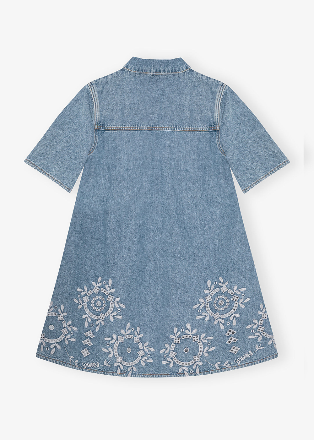 Broderie Anglaise Denim Mini Dress - Light Blue Stone - GANNI Canada - Danali