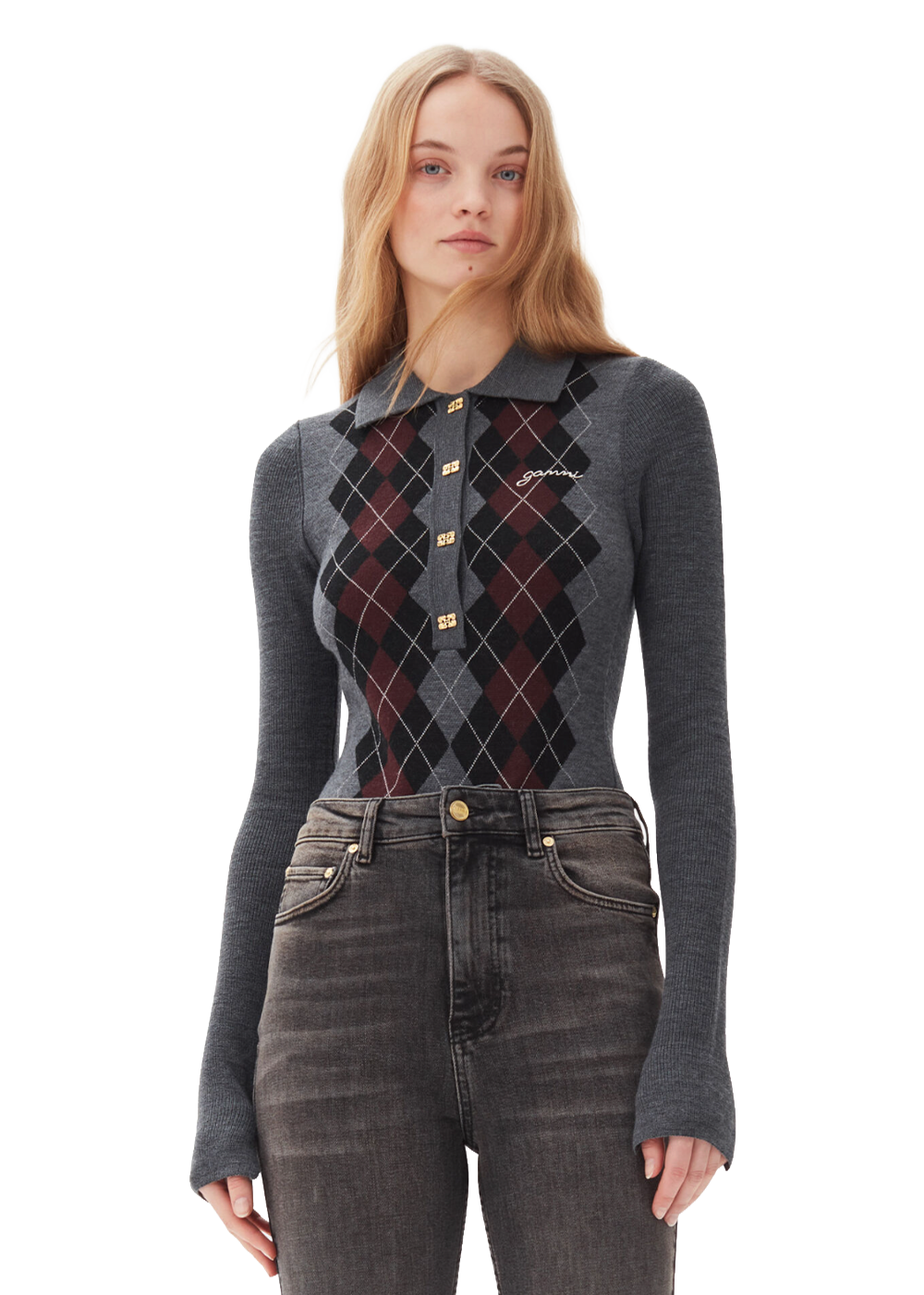 Fine Merino Jacquard Polo - Frost Grey - GANNI Canada - Danali