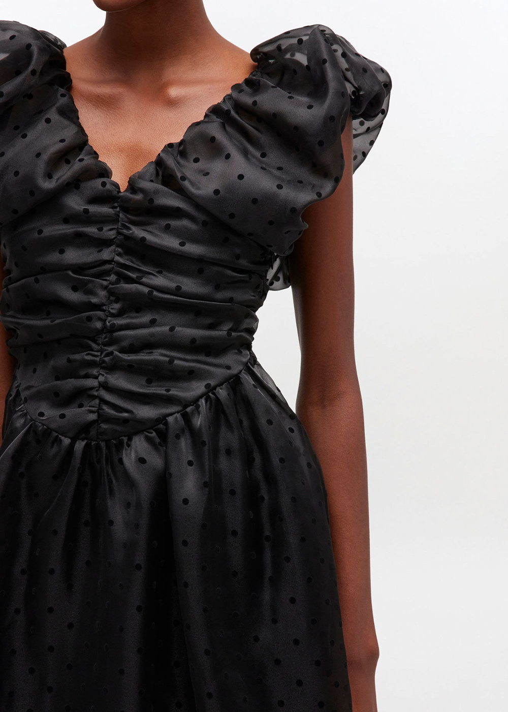 Flocked Organza Long Ruched Dress - Black - GANNI Canada - Danali - A1030107