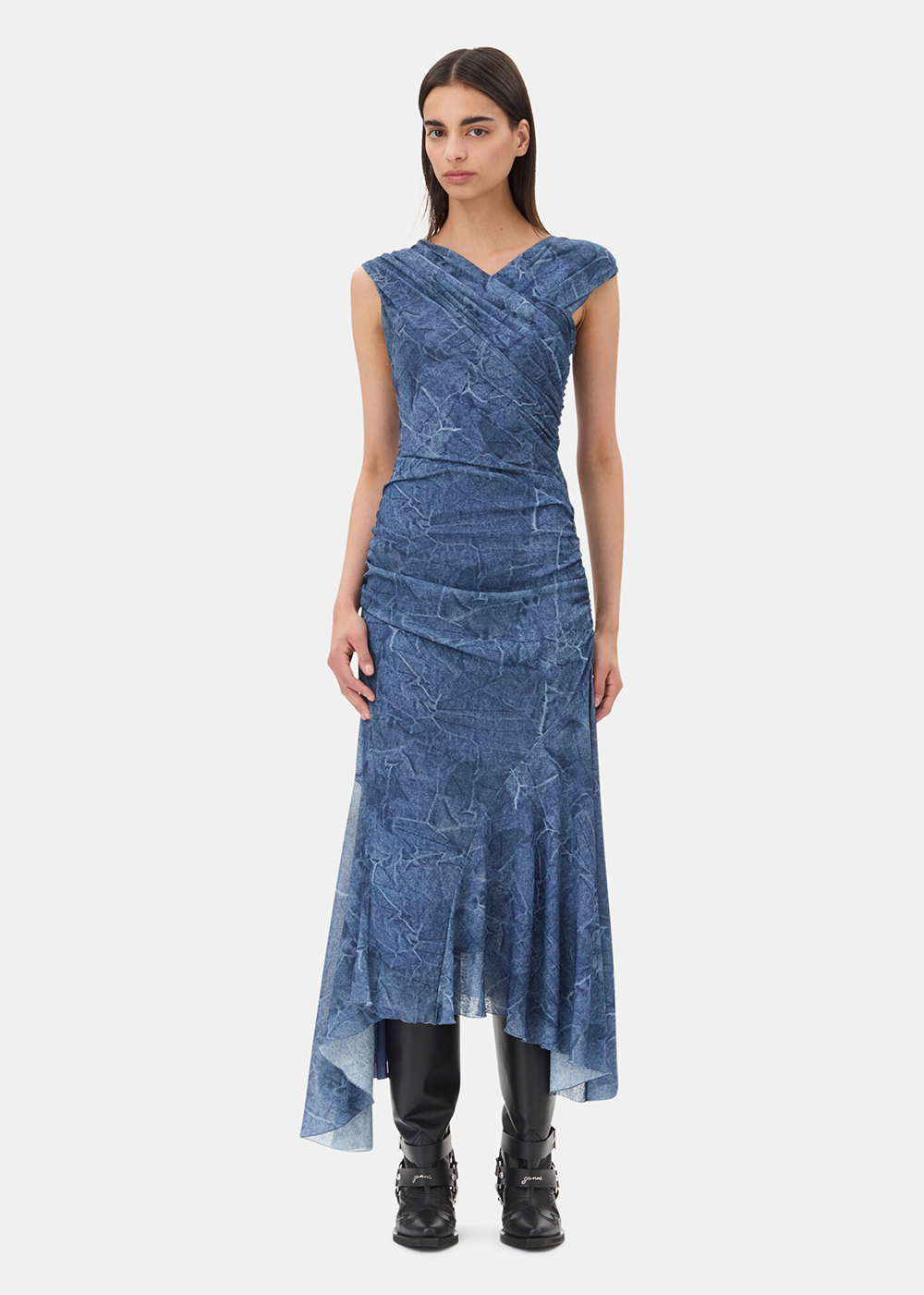 Marl Mesh Long Ruched Crossover Dress - Denim - GANNI Canada - Danali