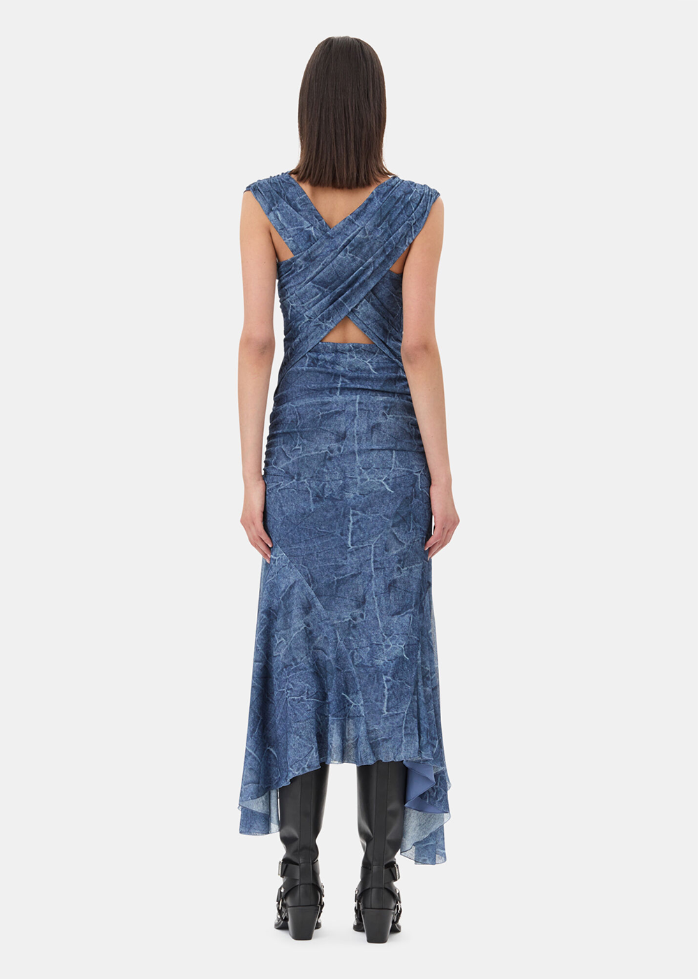 Marl Mesh Long Ruched Crossover Dress - Denim - GANNI Canada - Danali