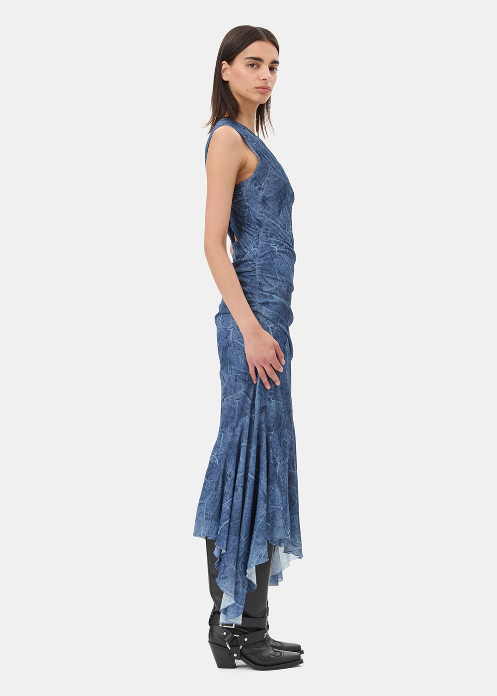 Marl Mesh Long Ruched Crossover Dress - Denim - GANNI Canada - Danali