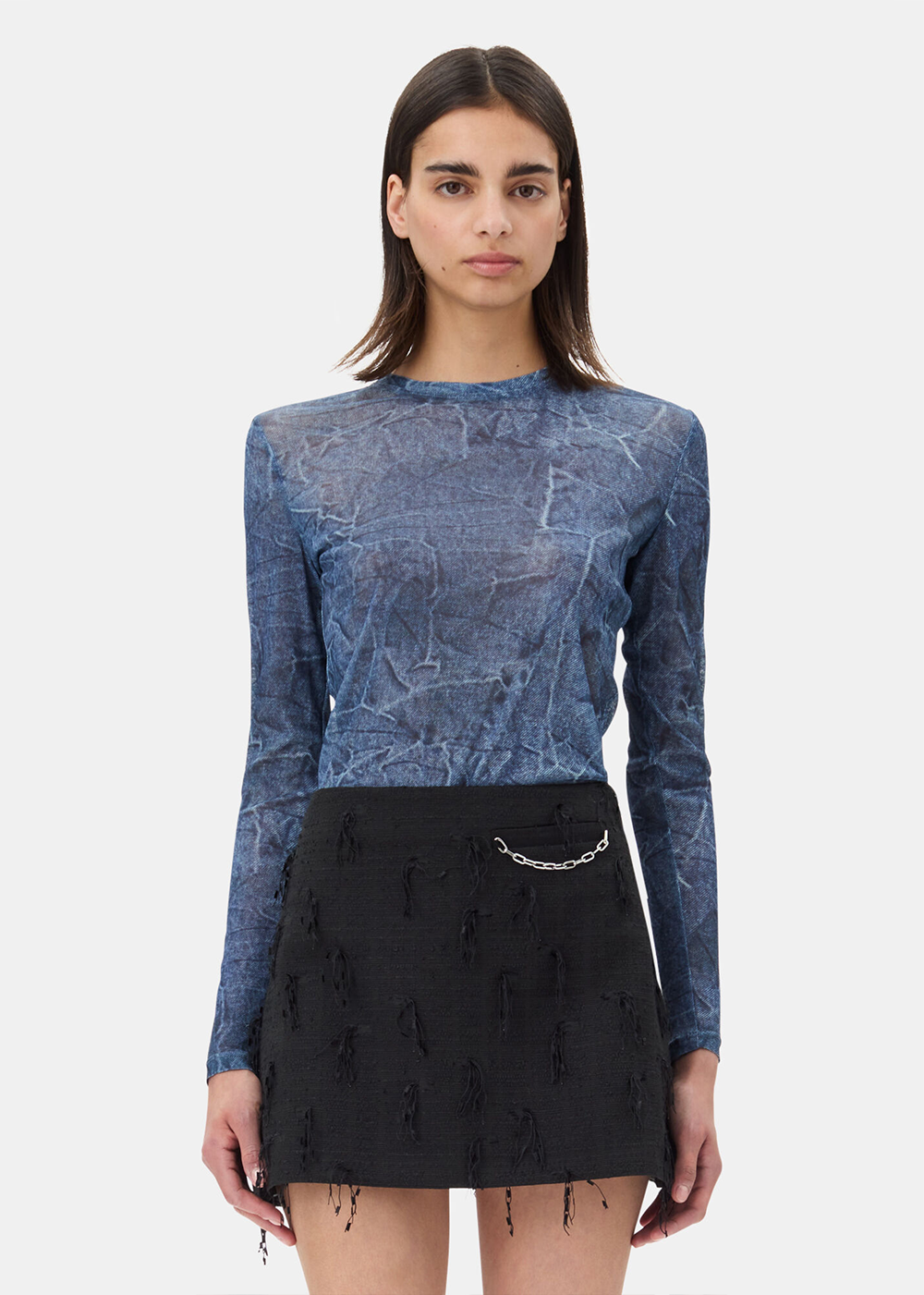 Marl Mesh Long Sleeve Crewneck Top - Denim - GANNI Canada - Danali