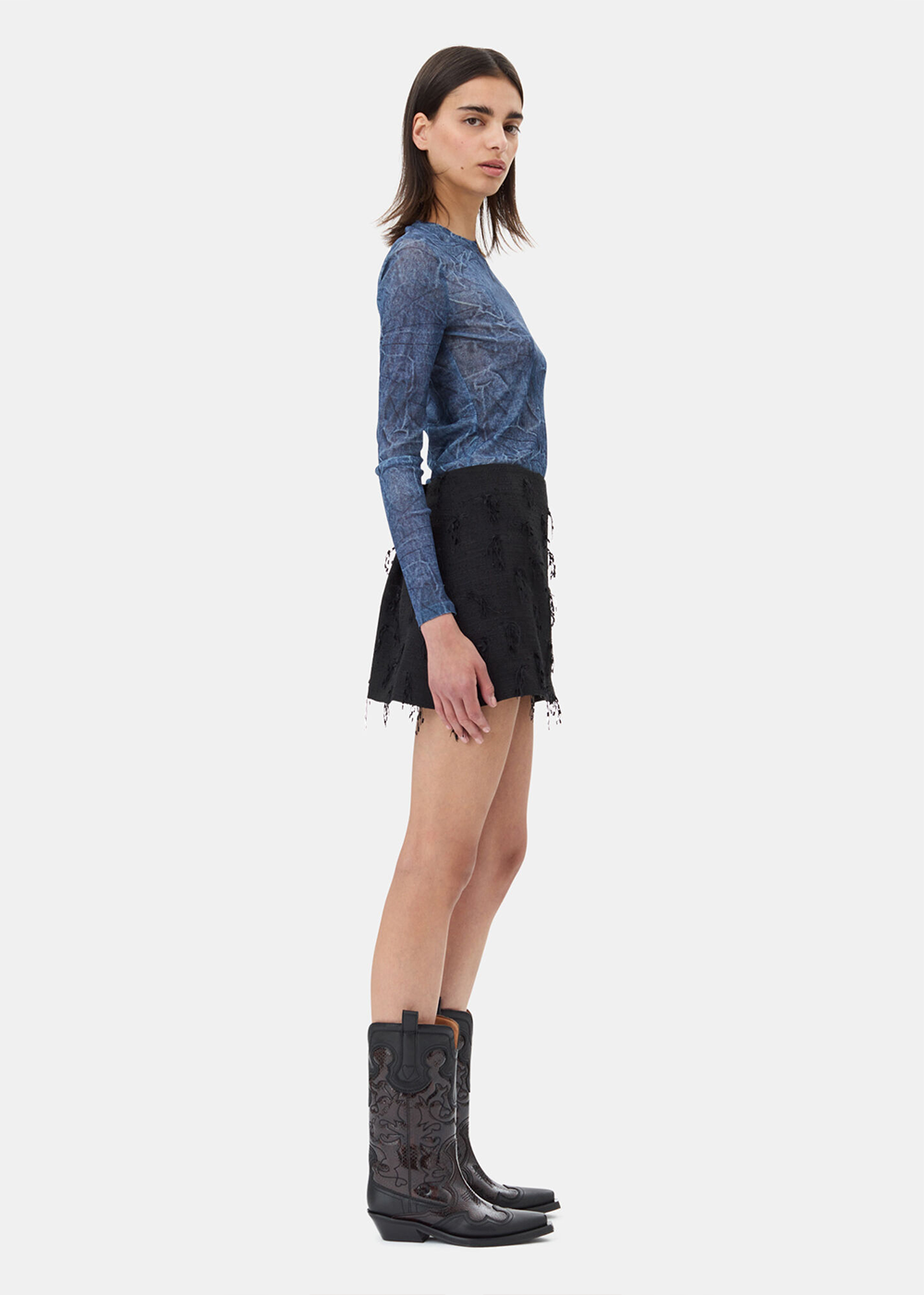 Marl Mesh Long Sleeve Crewneck Top - Denim - GANNI Canada - Danali