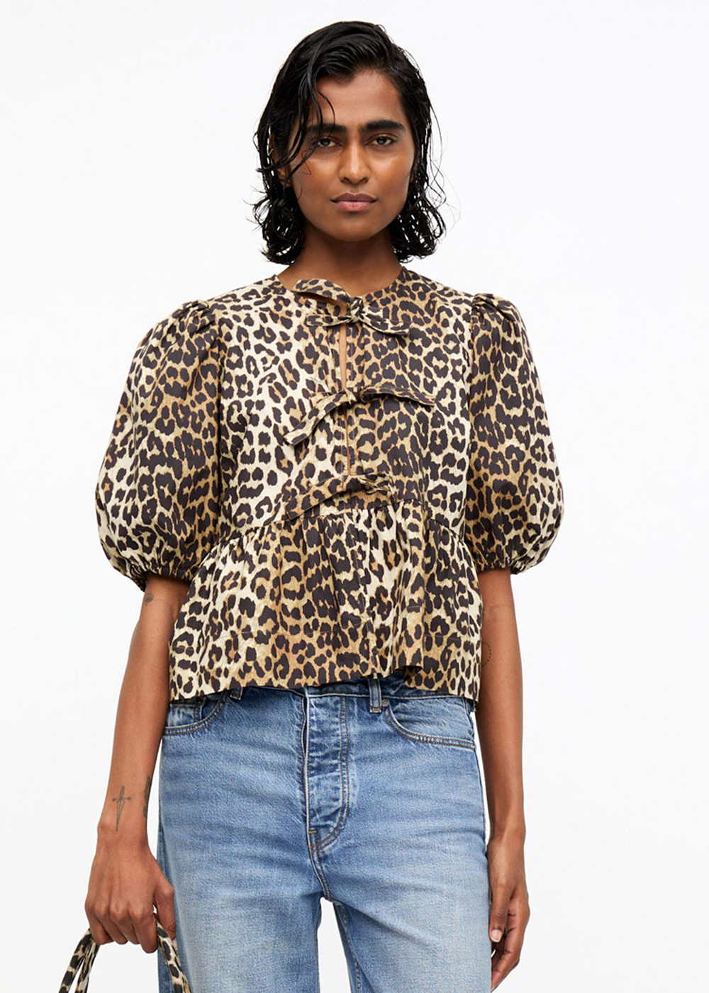 Printed Cotton Poplin Peplum Blouse -  Leopard - GANNI Canada - Danali