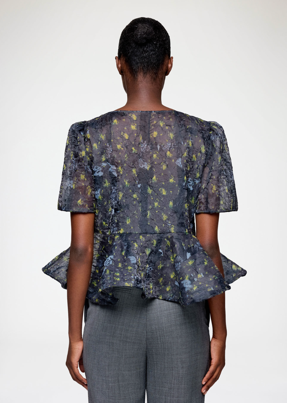 Printed Shibori Organza Sun Cut Peplum Blouse - Black Sand - GANNI Canada - Danali