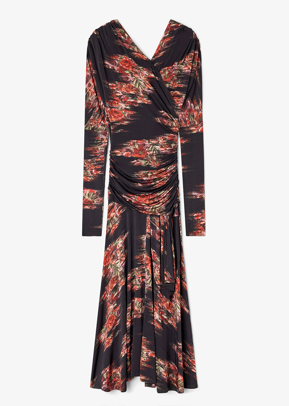Printed Shiny Jersey Ruched Long Dress - Black - GANNI Canada - Danali