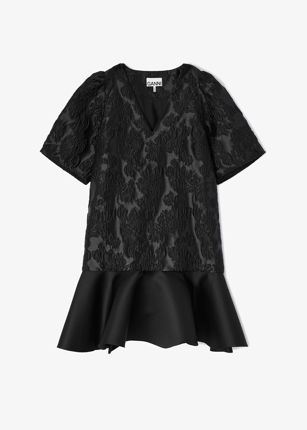 Satin Cloque Mini V-Neck Dress - Black - GANNI Canada - Danali