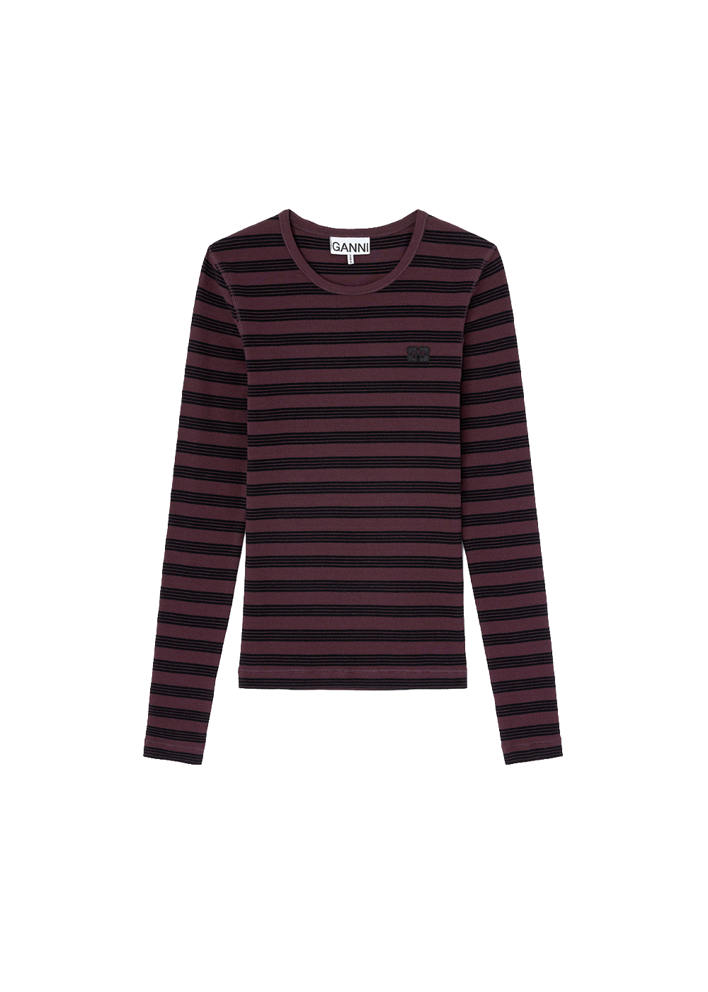 Soft Cotton Stripe Rib Long Sleeve T-Shirt - Chocolate Plum - GANNI Canada - Danali