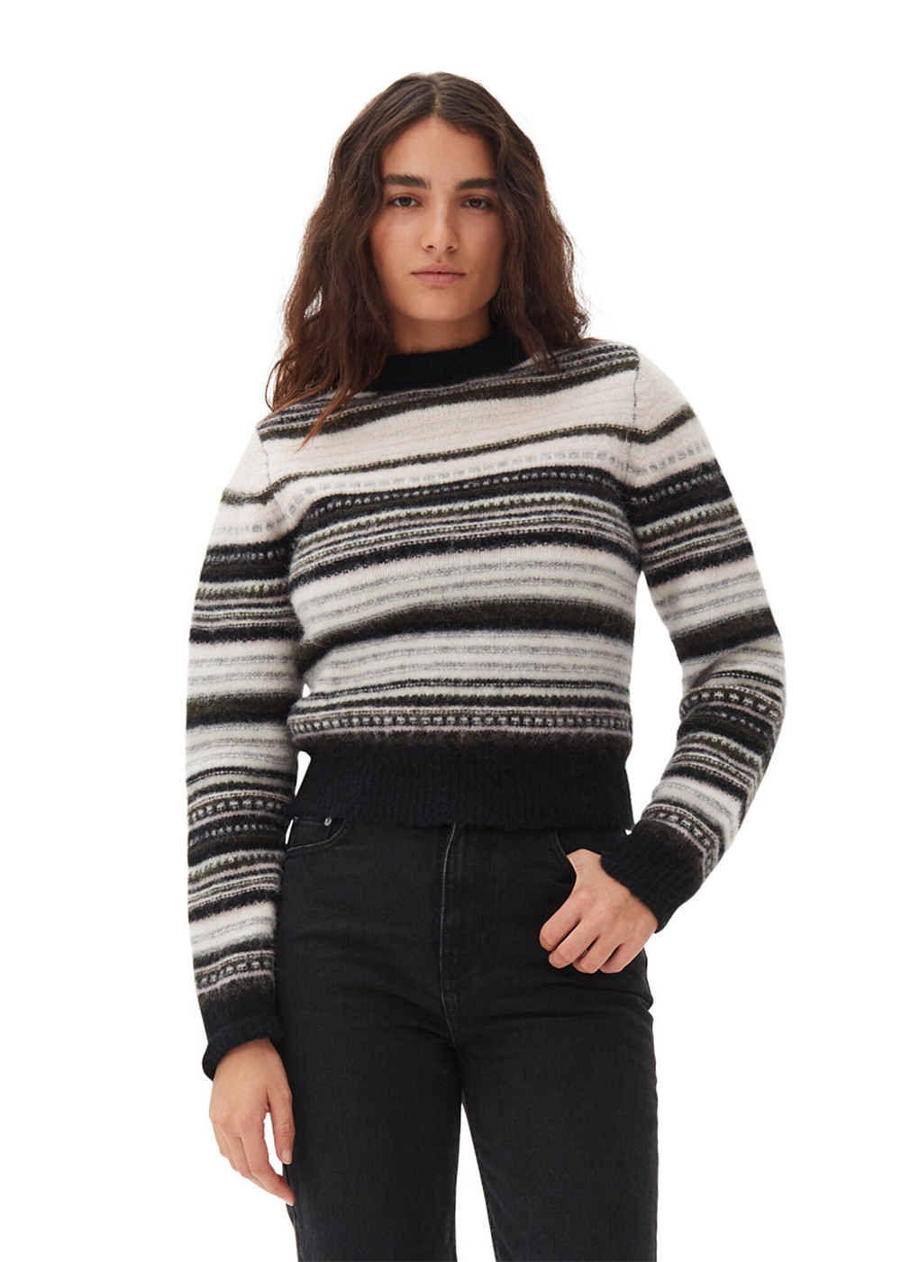 Soft Wool Stripe O-Neck - Black - GANNI Canada - Danali