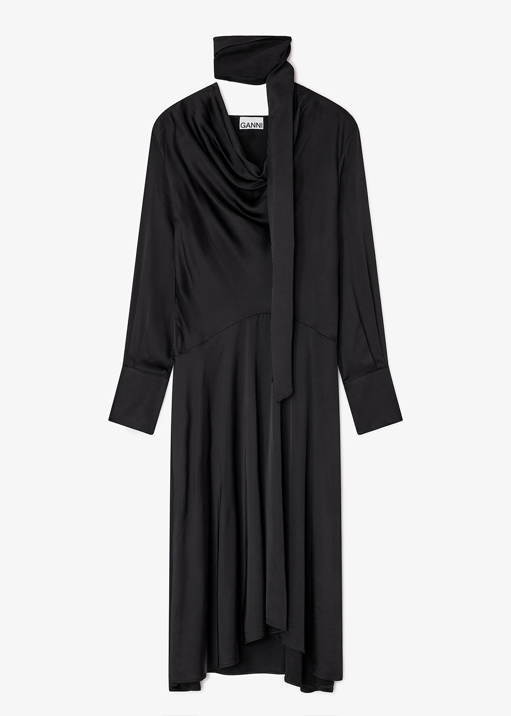 Solid Stretch Satin Cowl Scarf Midi Dress - Black - GANNI Canada - Danali