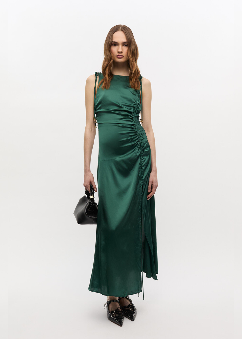 GANNI Solid Stretch Satin Gathered Long Dress Pineneedle - GANNI Canada - Danali