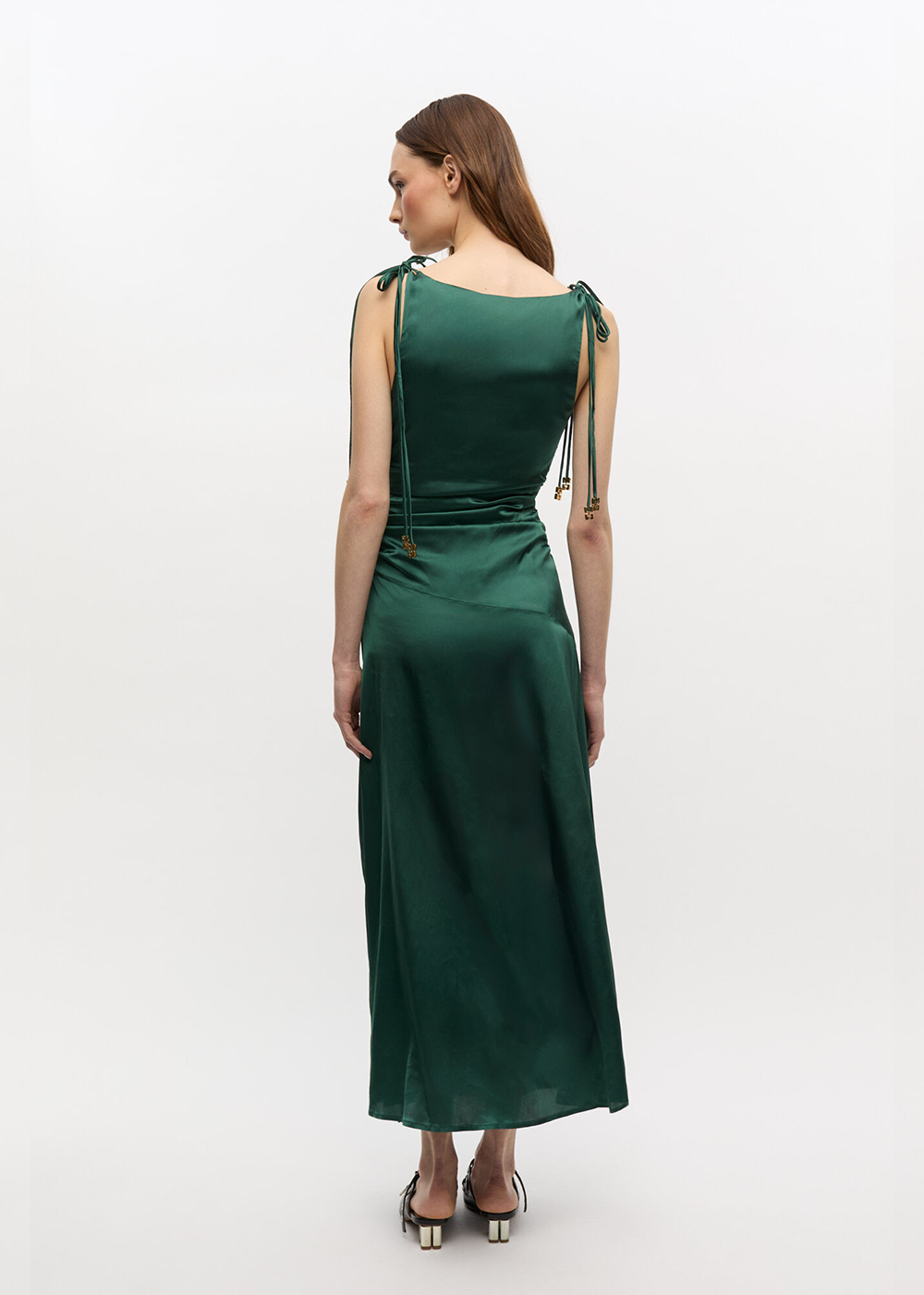 GANNI Solid Stretch Satin Gathered Long Dress Pineneedle - GANNI Canada - Danali