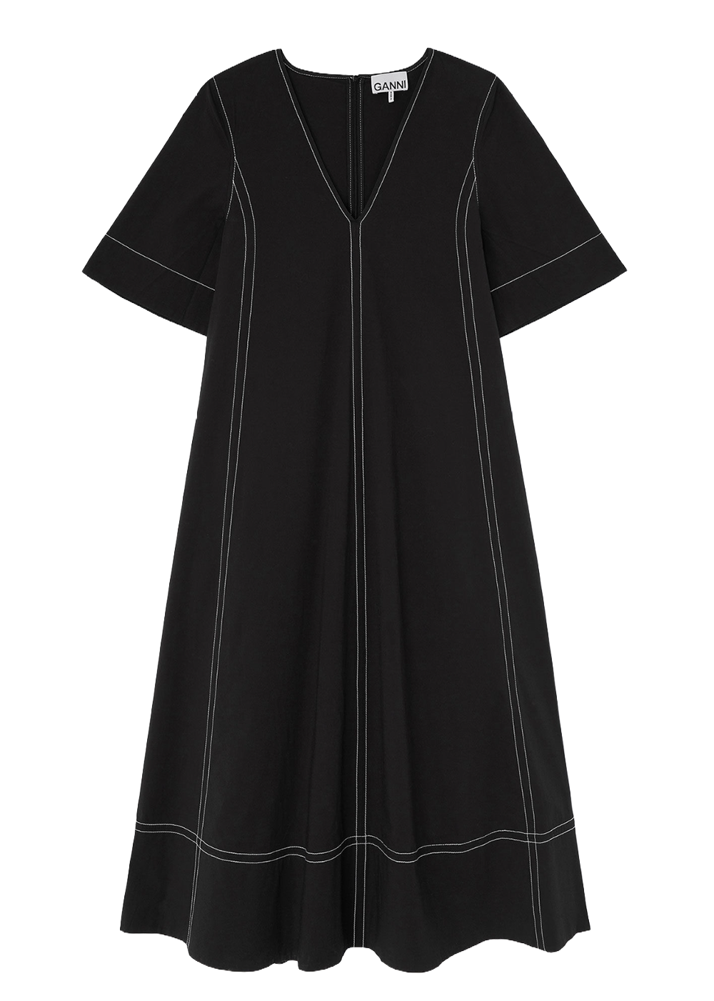 Stretch Cotton A-Line Long Dress - Black - GANNI Canada - Danali