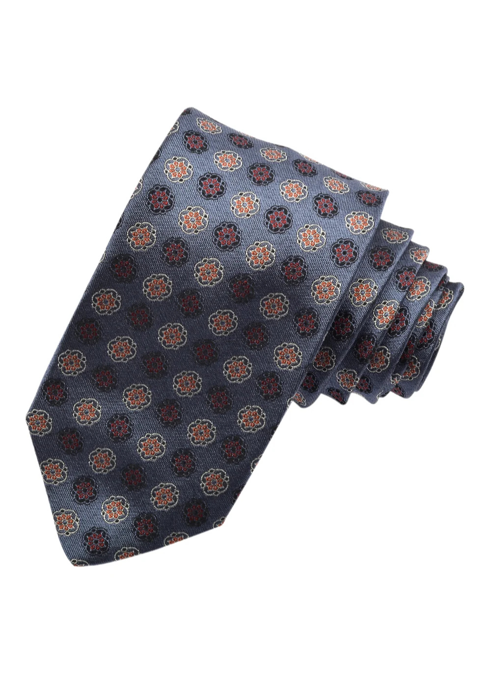 A navy blue necktie with a repeating geometric medallion pattern in brown, beige, and muted orange, shown on a plain white background.