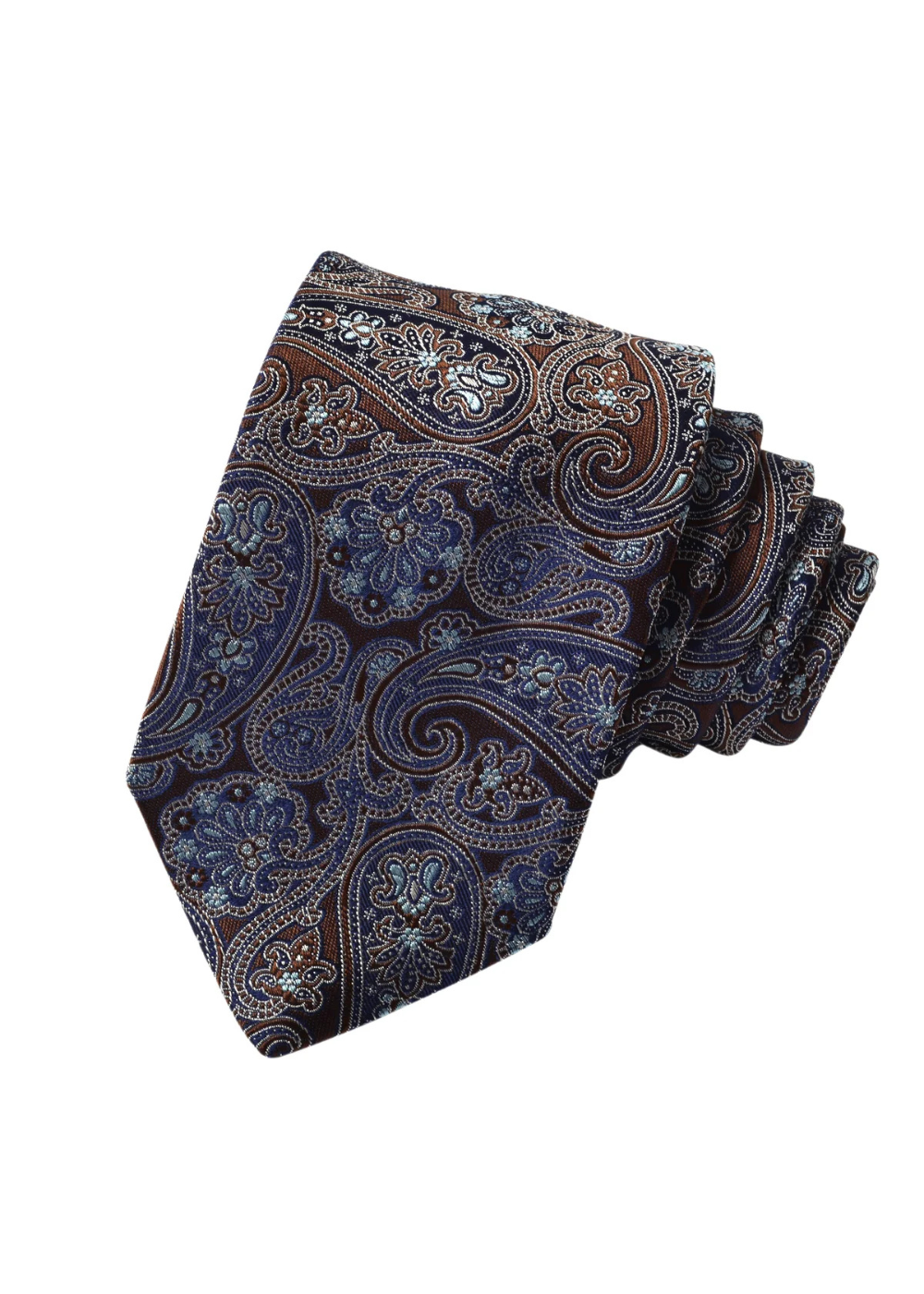 A folded necktie featuring an intricate paisley pattern in shades of navy blue, brown, and beige, set against a plain white background.