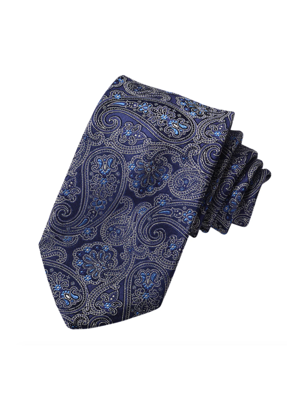 Navy blue paisley tie on a white background