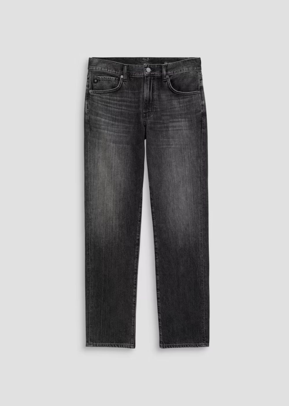 A pair of dark gray washed denim jeans shown flat against a light gray background.