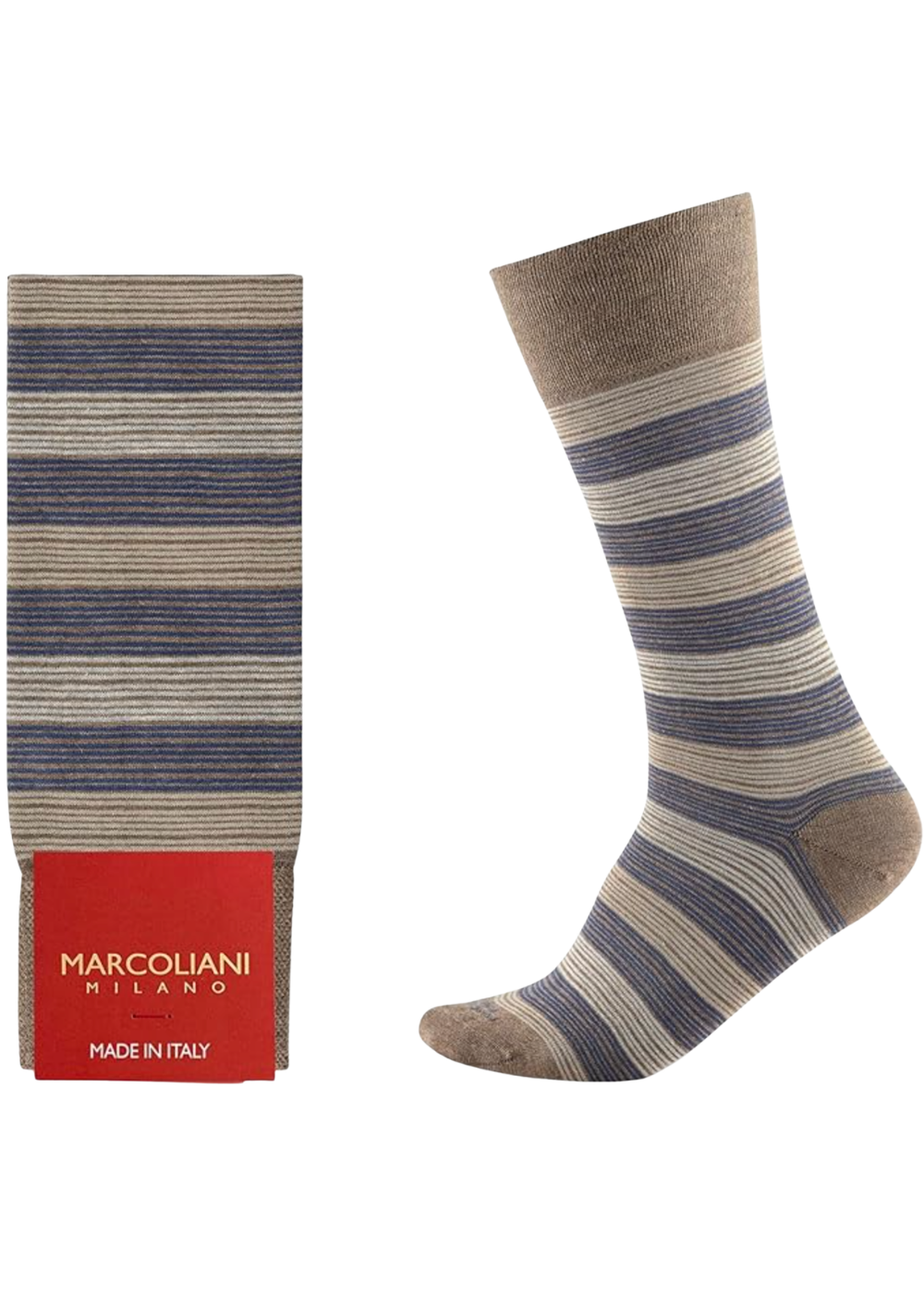 Striped socks with packaging and 'Marcoliani Milano' branding on a white background