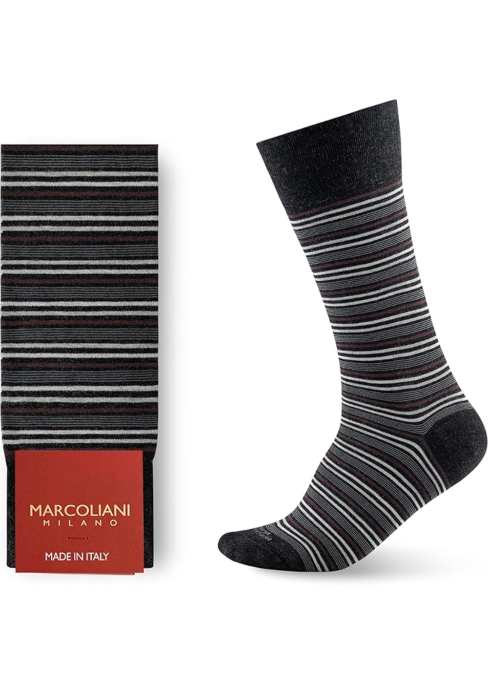 MAR4816T - Marcoliani Pima Cotton Torino Stripe Socks Charcoal Merlot - Danali