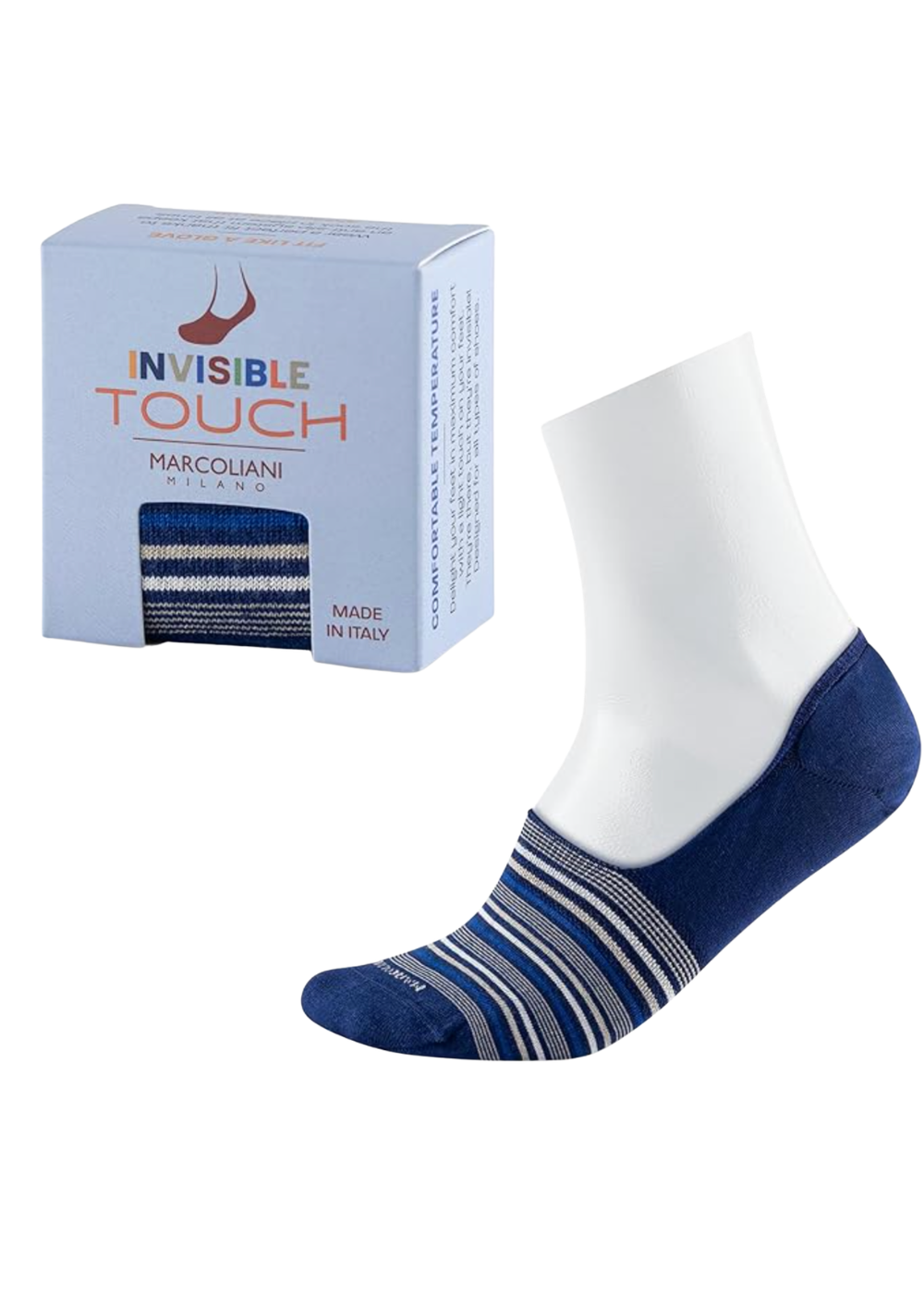 MAR4846S - Marcoliani Pima Cotton Invisible Touch Torino Stripe Sneaker Socks Blue Beige - Danali