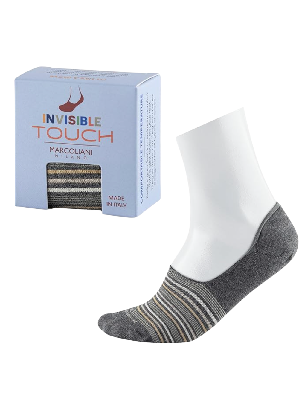 Gray and white no-show sock with 'Invisible Touch' packaging on a white background