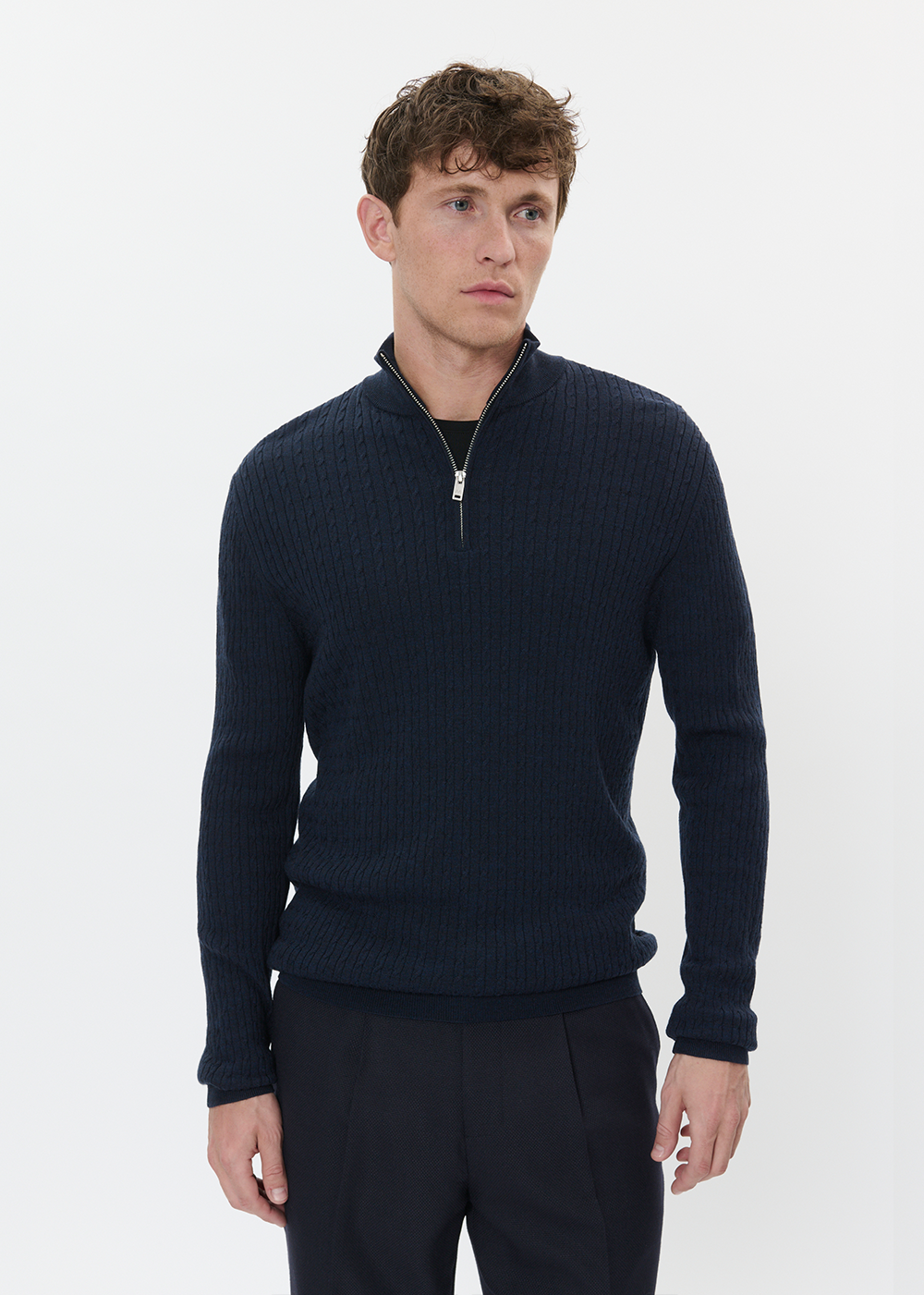Mason Cable Knit Zip Sweater - Dark Navy Melange - Matinique Canada - Danali
