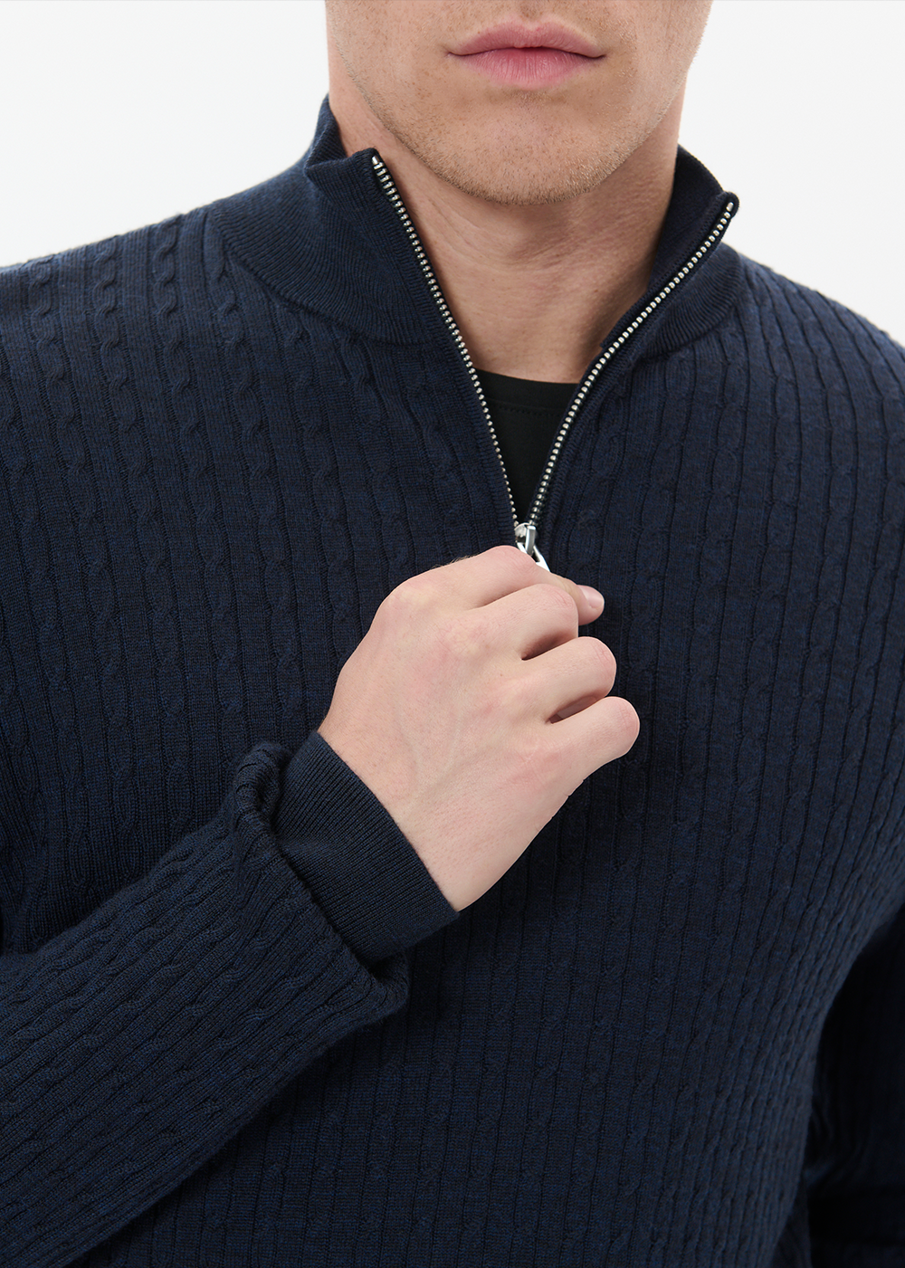 Mason Cable Knit Zip Sweater - Dark Navy Melange - Matinique Canada - Danali