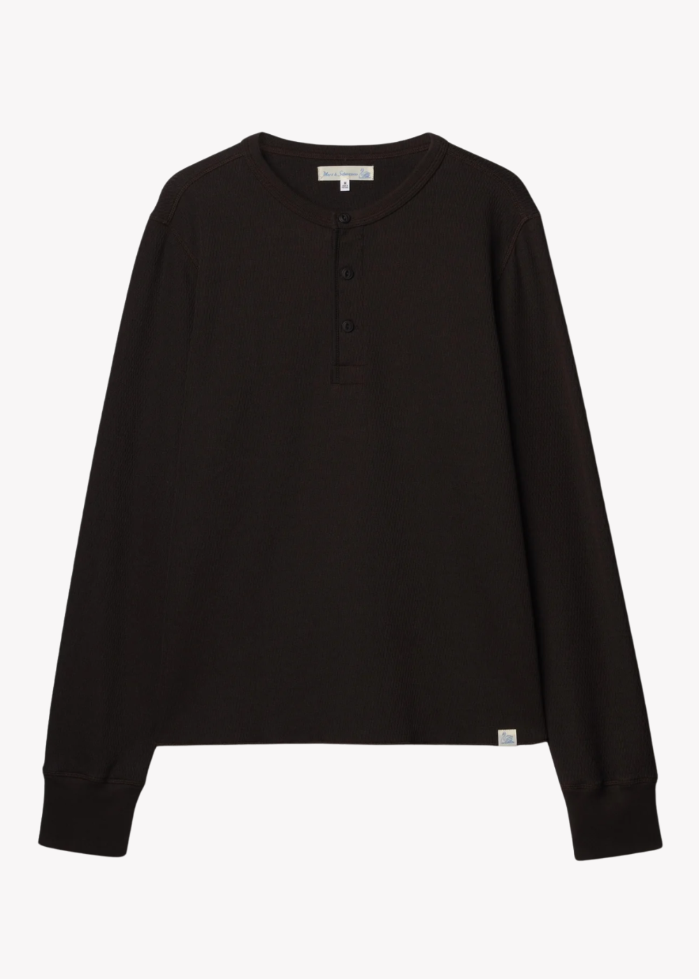 A black long-sleeve henley shirt with a ribbed crew neck, three-button placket, and ribbed cuffs, shown flat against a light gray background.